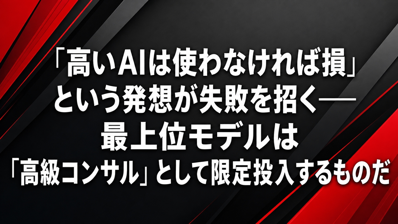 「高いAIは使わなければ損」という発想が失敗を招く理由と、最上位AIモデル(フロンティアモデル)を高級コンサルとして限定投入する考え方を表すアイキャッチ画像