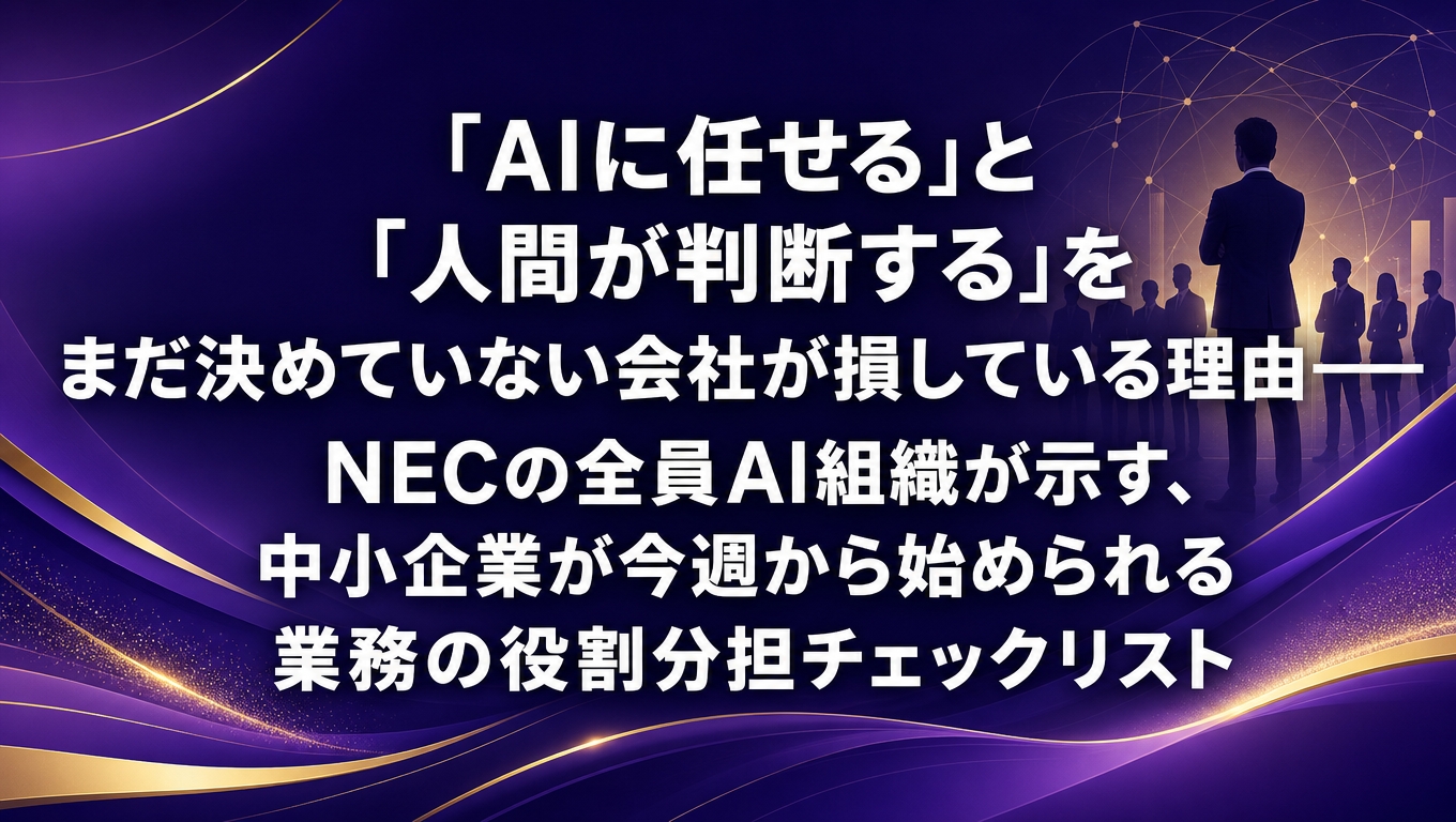 「AIに任せる」と「人間が判断する」を決めていない企業の課題を示すイメージ。NECの全員AI組織事例と中小企業の業務役割分担チェックリストを表現したアイキャッチ画像