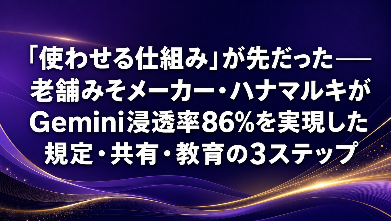 老舗みそメーカー・ハナマルキのGemini浸透率86%達成事例を解説する記事のアイキャッチ画像