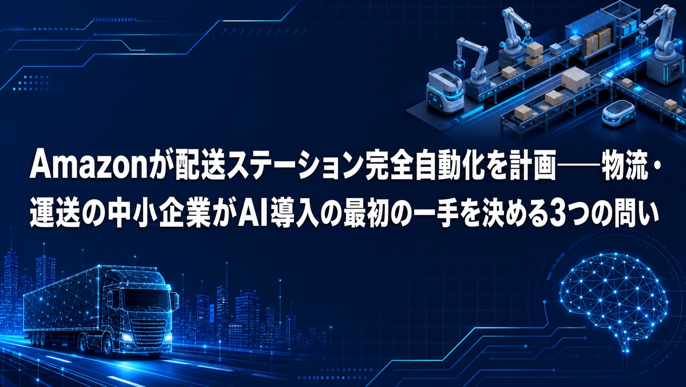 物流・運送業の配送トラックとAIネットワークを描いた、Amazonの配送自動化と中小企業のAI導入を解説する記事のアイキャッチ画像