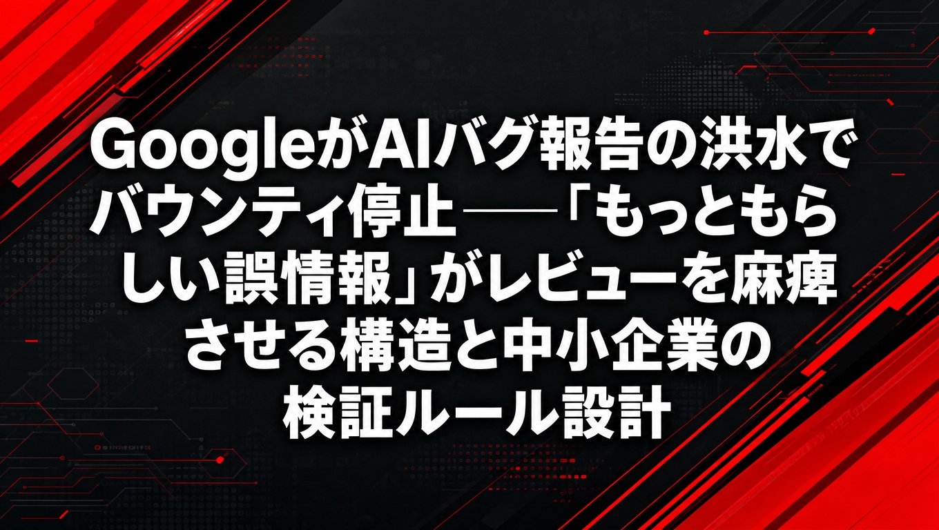 AI生成の誤ったバグ報告がレビューを圧迫する構造と、中小企業のAI出力検証ルールを解説する記事のアイキャッチ画像